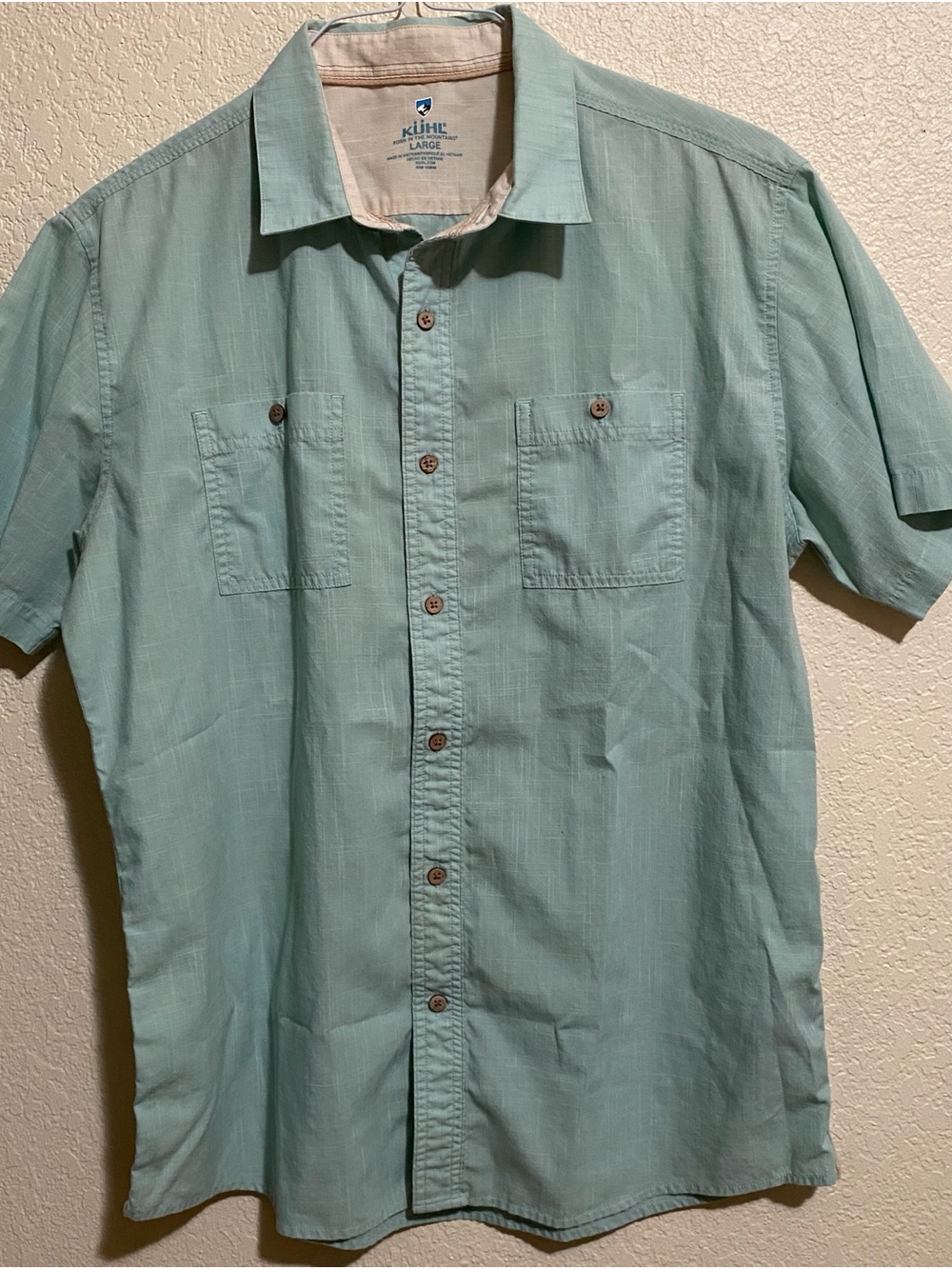 KÜHL Men's Large Short Sleeve Button Down Shirt Mint Green Two Pocket